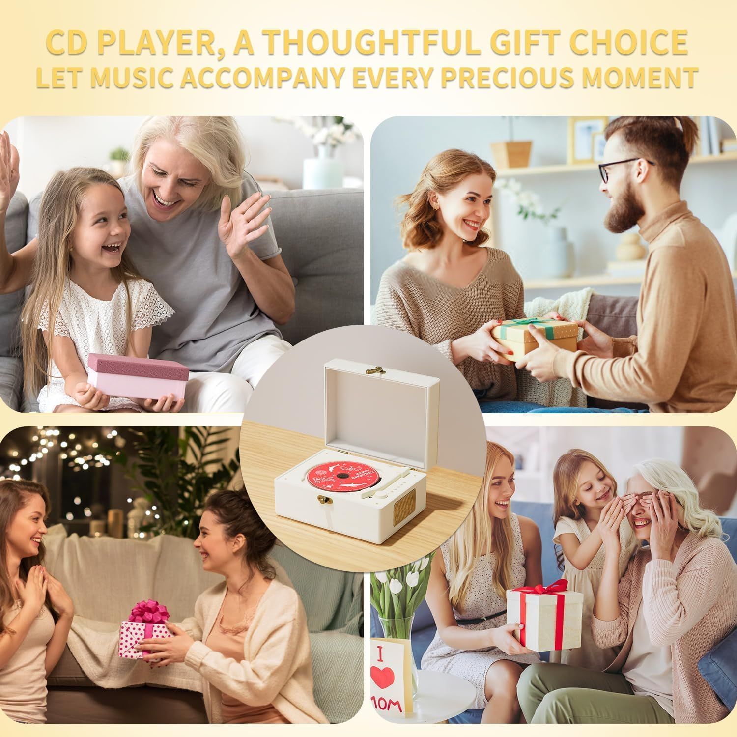 Eine Collage zeigt Menschen beim Geschenkeöffnen, in der Mitte ein weißer CD-Player.