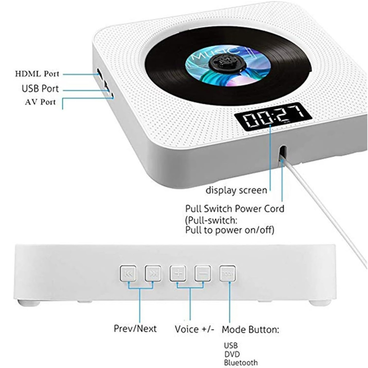 Weißer CD-Player mit digitalem Display, Anschlüssen und Bedientasten.