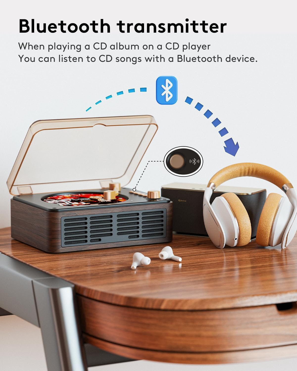 Bluetooth-CD-Player streamt Musik drahtlos an Kopfhörer und Ohrstöpsel.