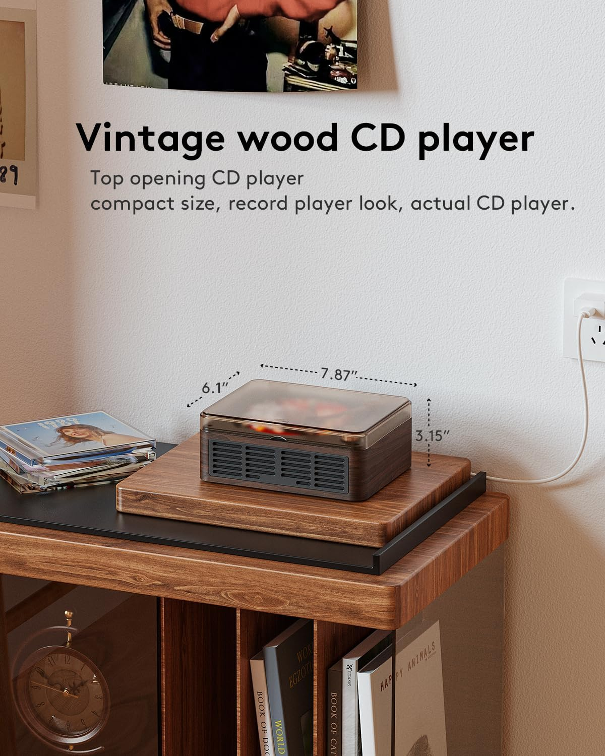 Ein Vintage-Holz-CD-Player steht auf einer Holzoberfläche mit Text über Maße und Funktionen.