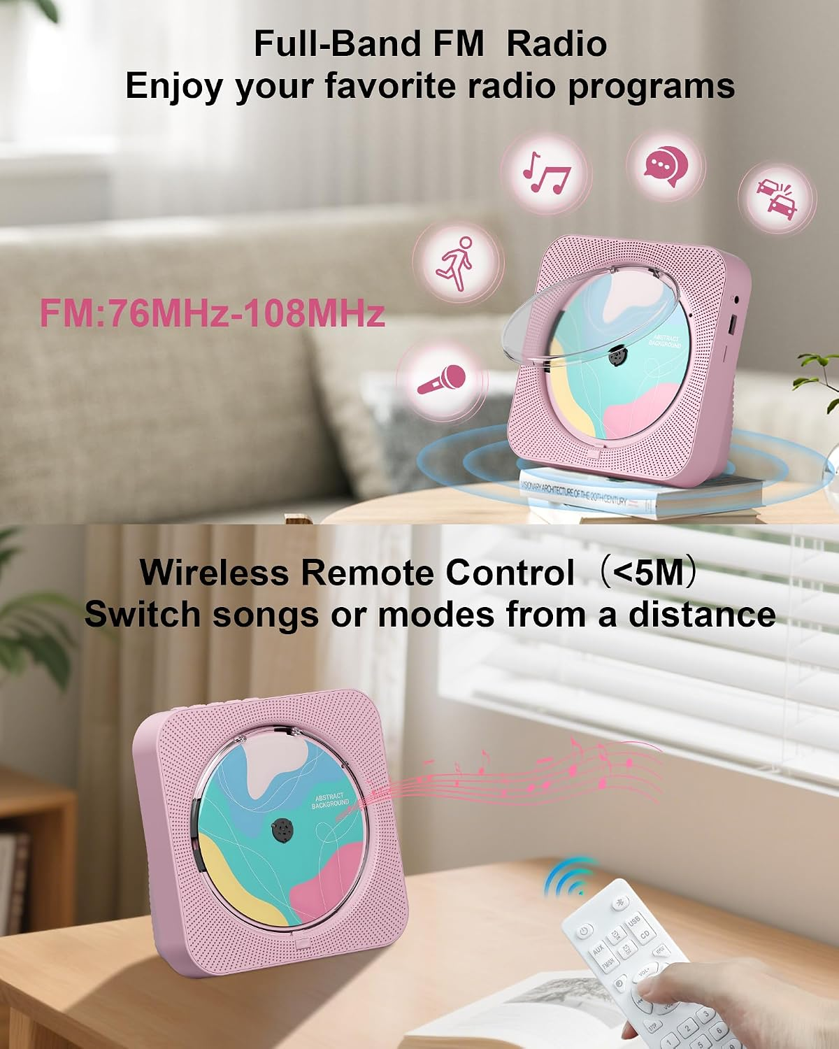 Rosa CD-Player und FM-Radio mit Fernbedienung, in modernem Wohnzimmer.