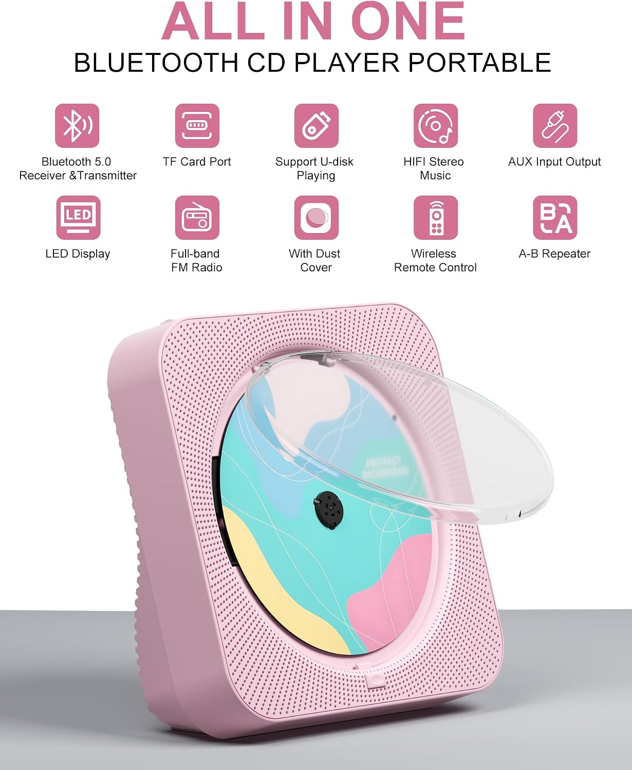 Ein rosafarbener tragbarer Bluetooth-CD-Player mit offener transparenter Staubschutzhülle.