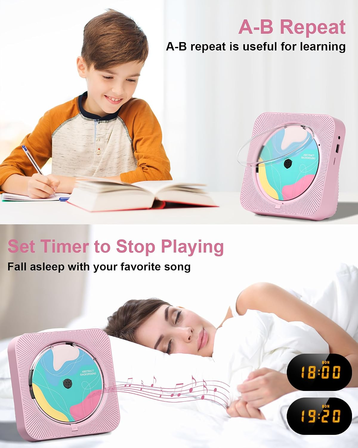 Ein Junge lernt mit einem CD-Player, darunter schläft eine Frau ein.