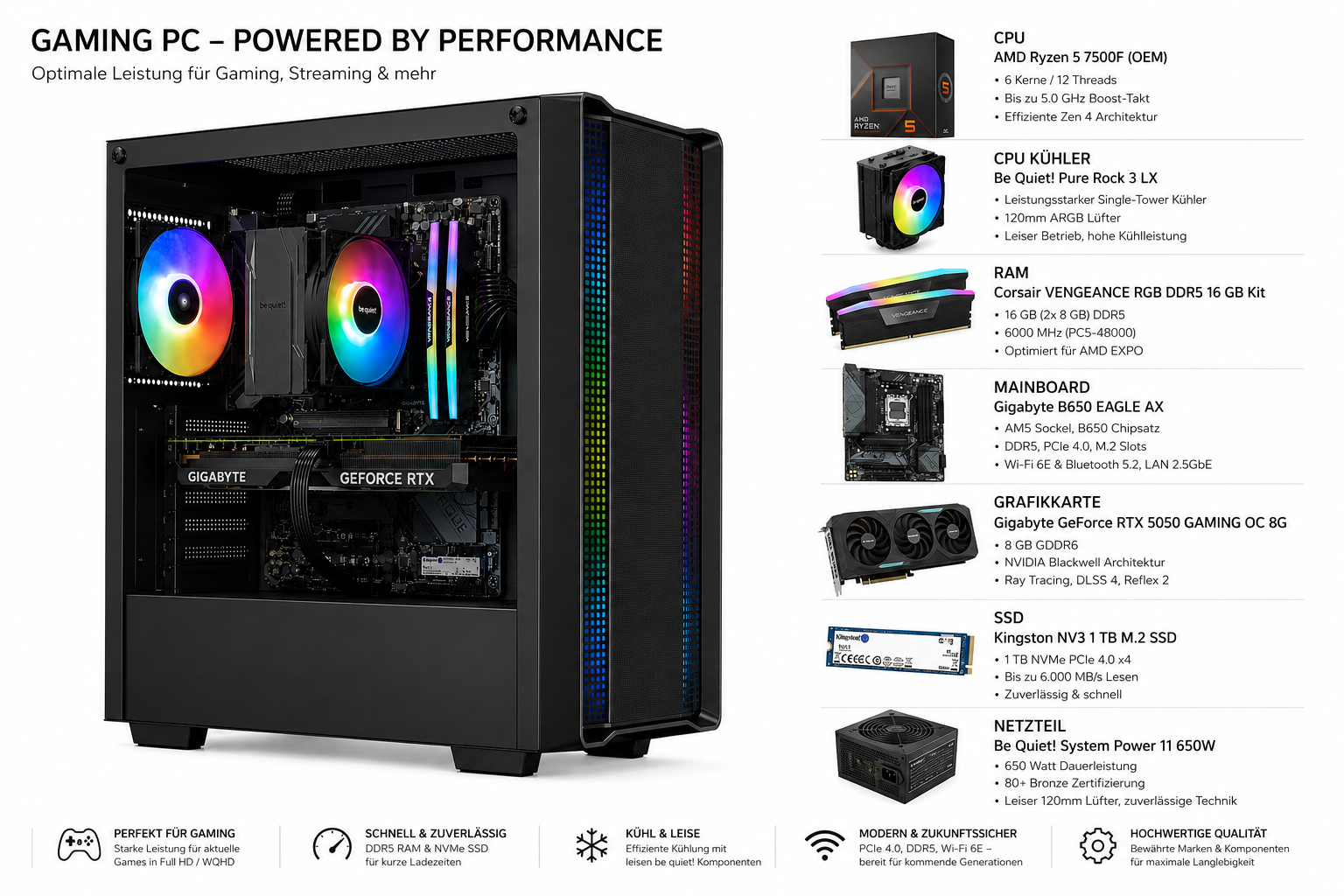 Schwarzer Gaming-PC mit RGB-Beleuchtung und einer Liste der verbauten Hardware-Komponenten rechts.