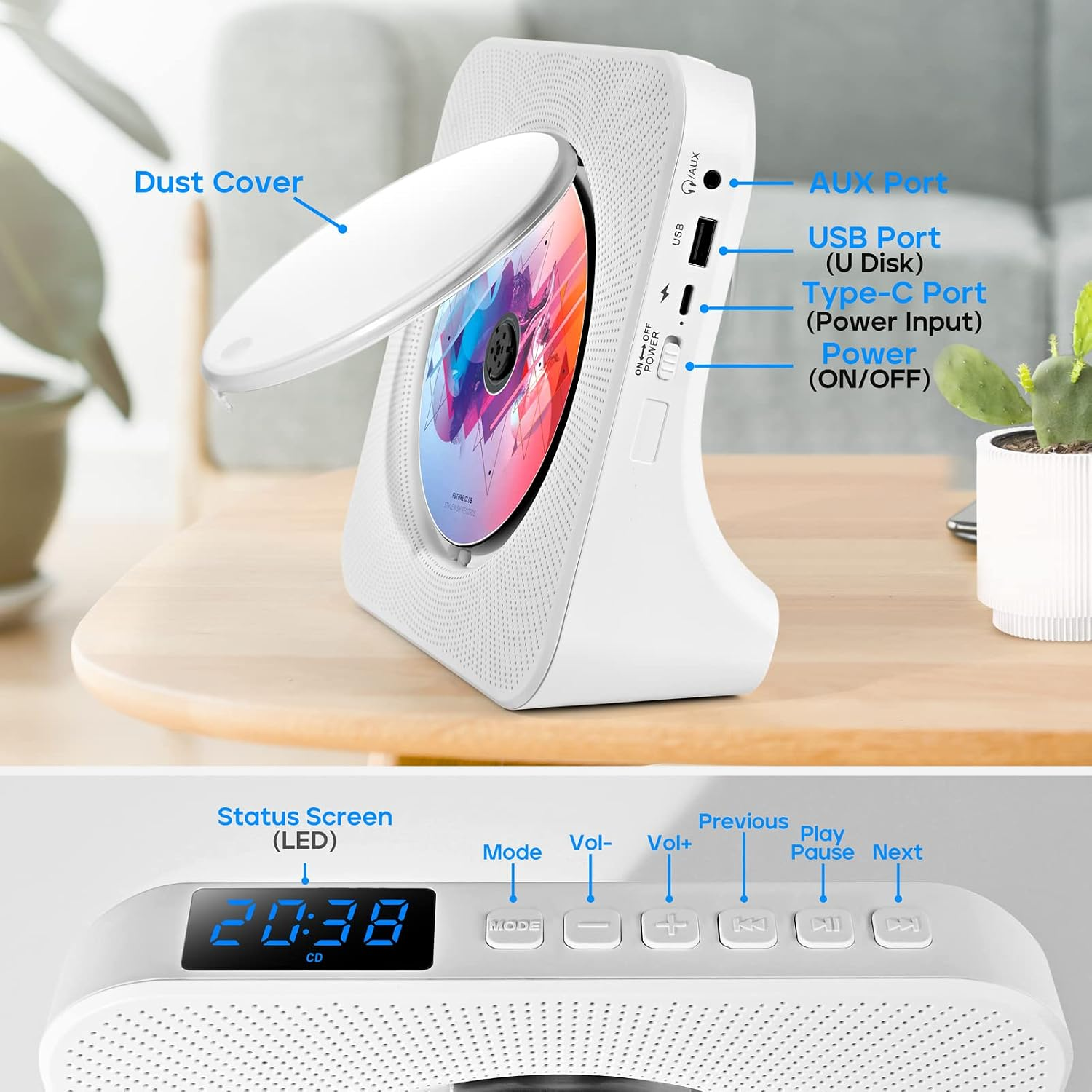 Weißer CD-Player auf Holztisch mit beschrifteten Anschlüssen und LED-Bildschirm.