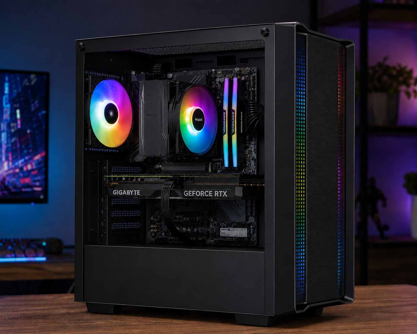 Ein schwarzer Desktop-PC mit RGB-Lüftern und einer Gigabyte GeForce RTX Grafikkarte steht auf einem Holzschreibtisch.