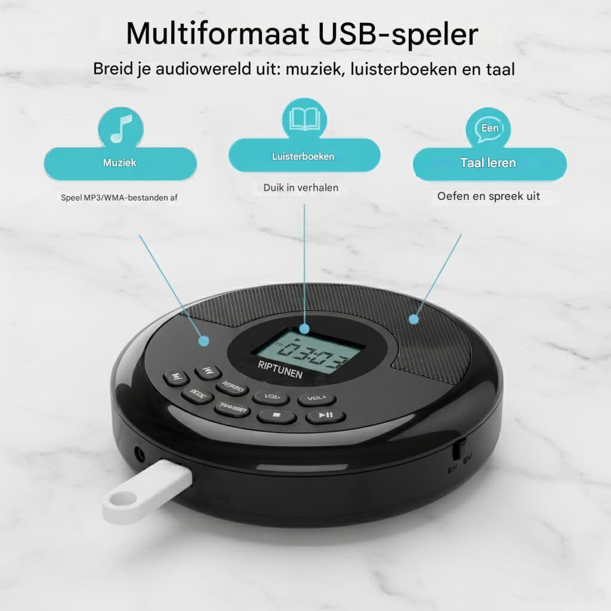 Schwarzer USB-Multiformat-Player auf Marmoroberfläche mit Textfeldern für Musik, Hörbücher und Sprachen.