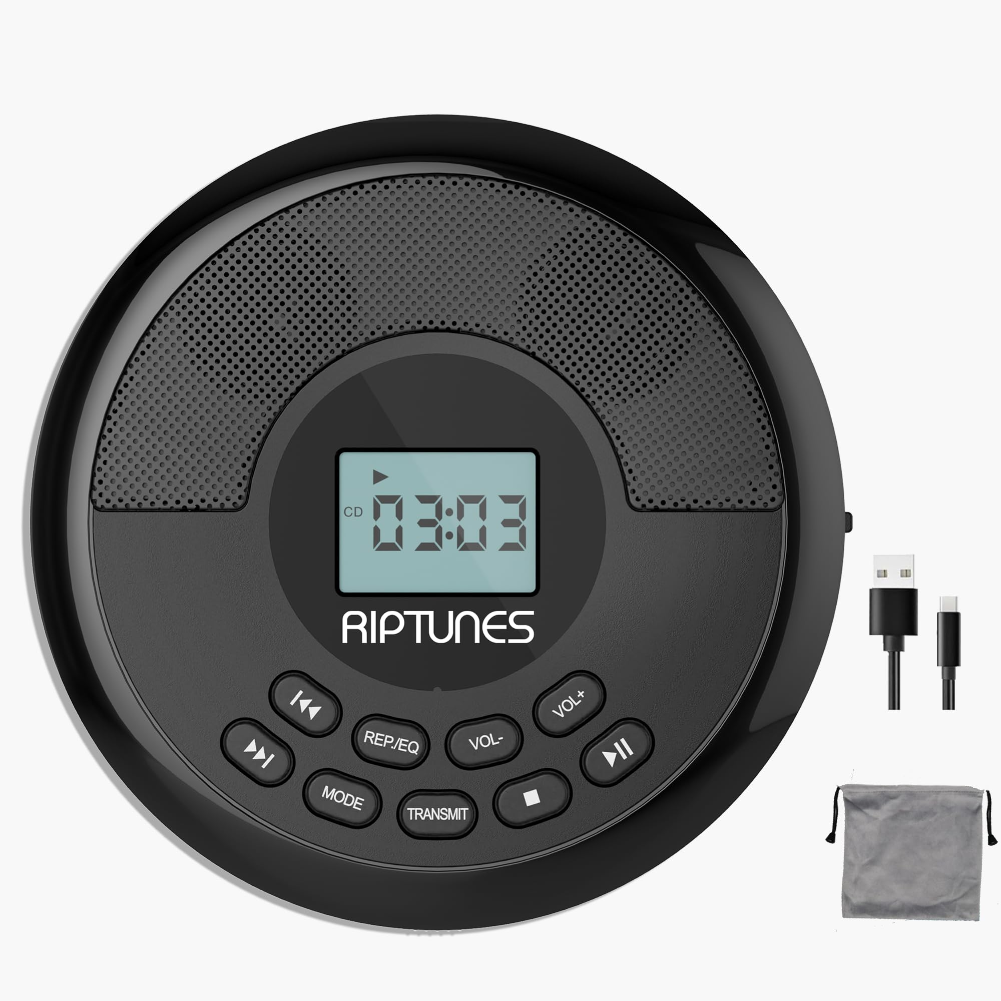 Schwarzer tragbarer CD-Player mit digitalem Display, Tasten, USB-Kabel und grauer Stofftasche.