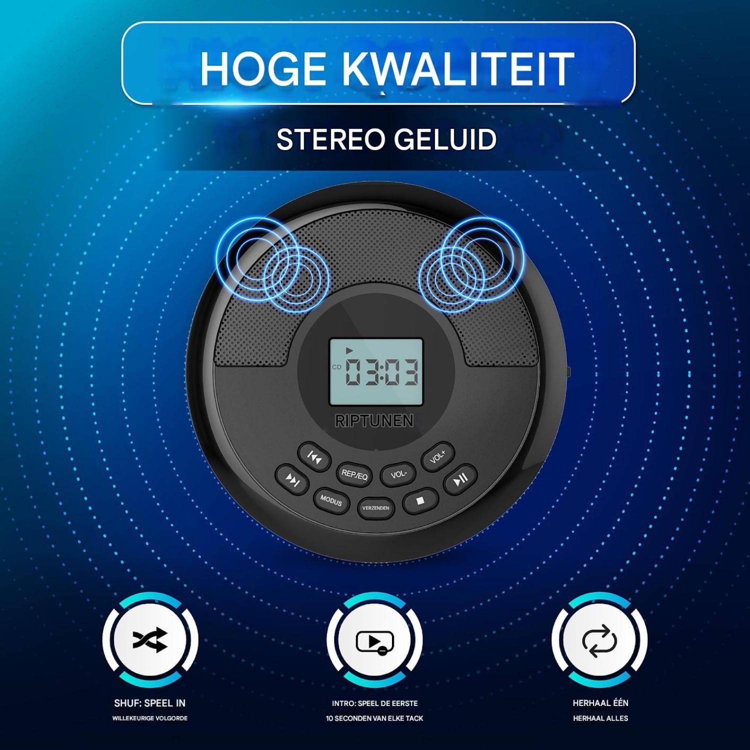 Schwarzer CD-Player auf blauem Hintergrund mit Stereo-Sound und Bedienelementen.