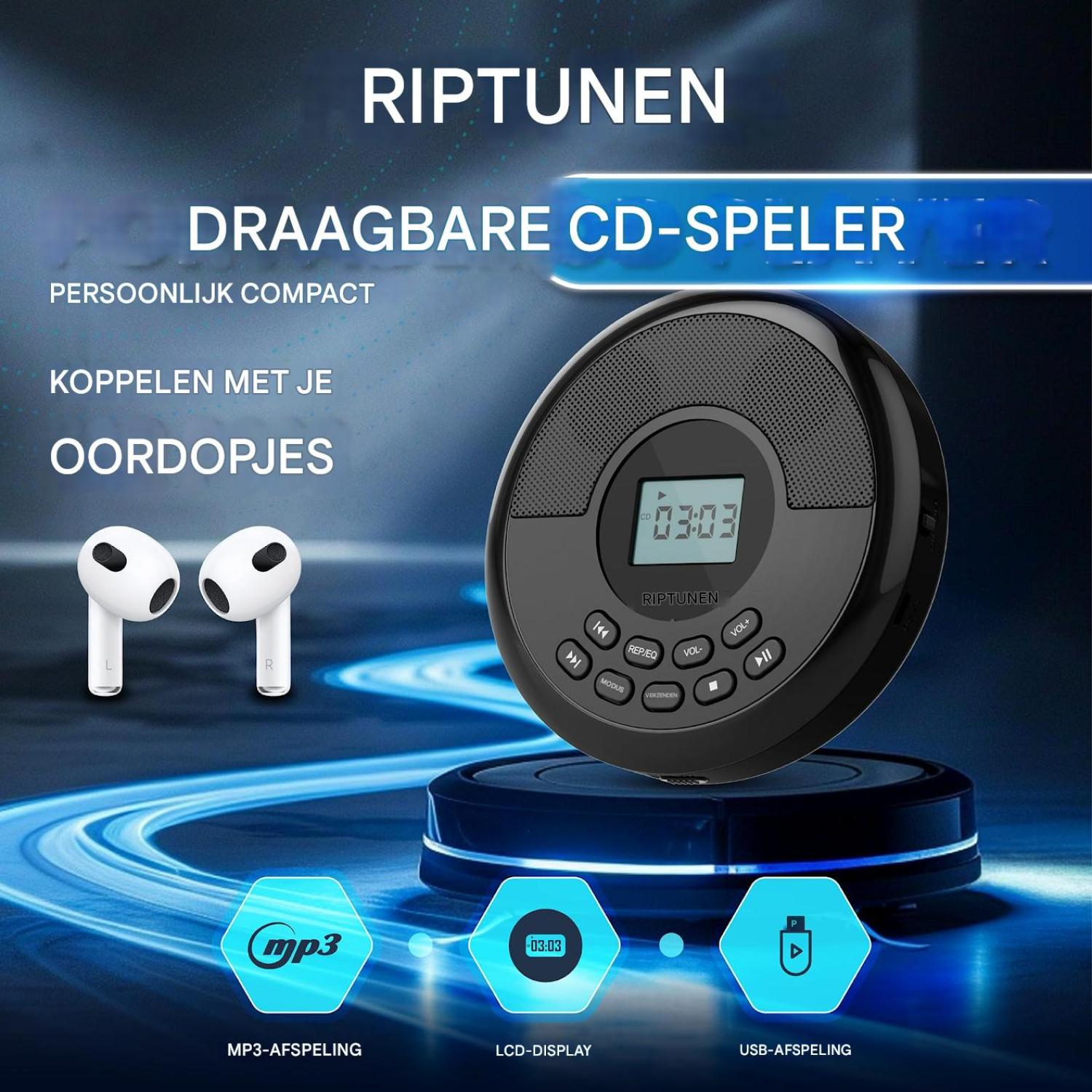 Ein schwarzer tragbarer CD-Player mit Ohrhörern, niederländischem Text und blauen Lichteffekten.