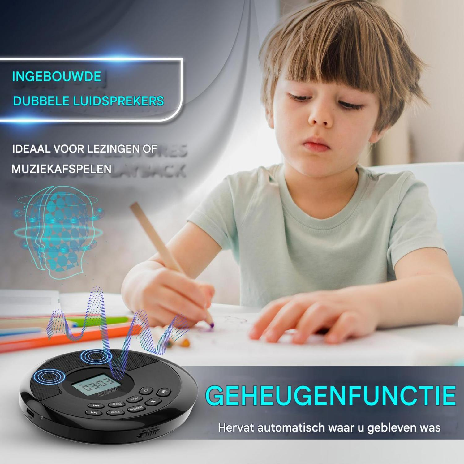 Ein Junge malt an einem Tisch, davor liegt ein schwarzer CD-Player mit digitalen Effekten und Textgrafiken.