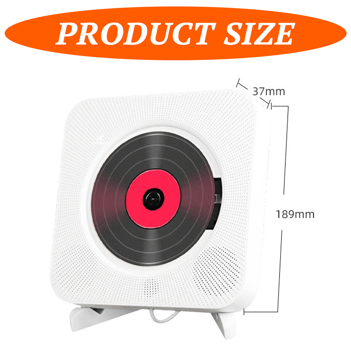 Weißer CD-Player auf Ständern mit Maßen: 37 mm Tiefe und 189 mm Höhe.