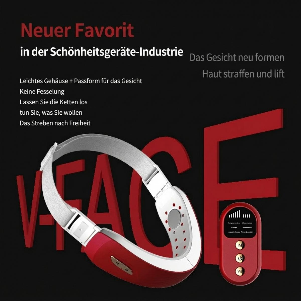 Ein rotes Gesichtsstraffungsgerät mit Stirnband und Fernbedienung vor dunklem Hintergrund.