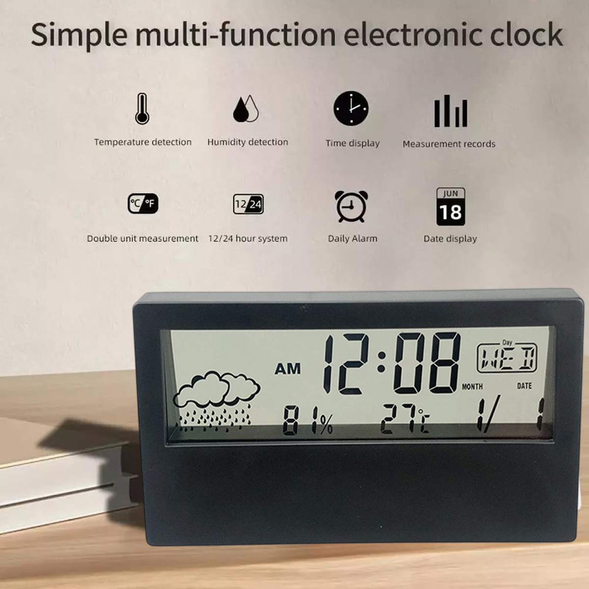 Digitale Multifunktionsuhr zeigt Uhrzeit, Feuchtigkeit, Temperatur und Datum.