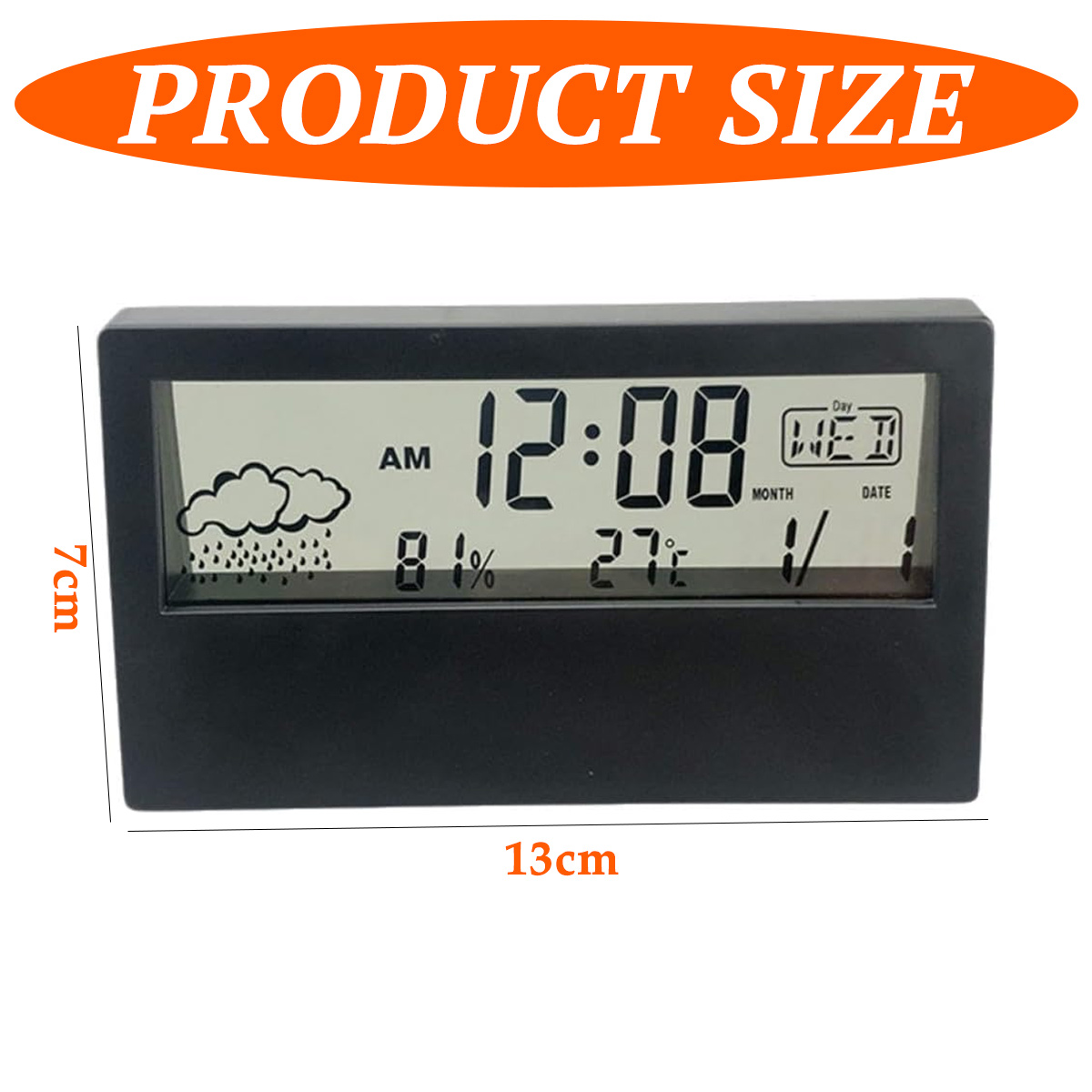 Schwarze digitale Wetterstation mit LCD-Bildschirm, Regenikone, Feuchtigkeit und Temperatur. Maße: 13x7 cm.