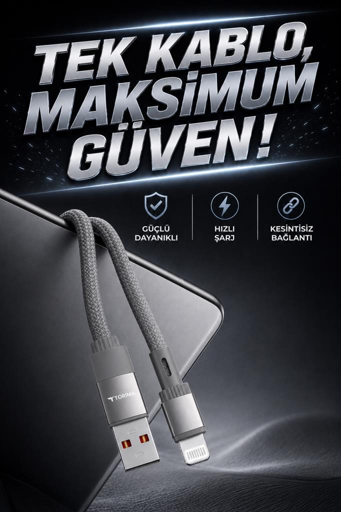 Karanlık bir arka planda USB ve Lightning konnektörlü gri örgü şarj kablosu.