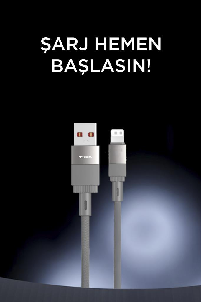Koyu arka planda gri USB ve Lightning kablosu, üstte Türkçe metin.