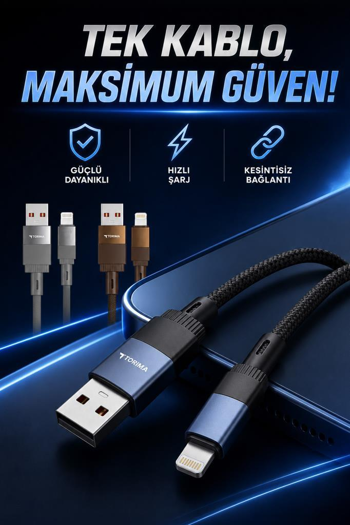 Parlak bir yüzey üzerinde USB ve Lightning konnektörlü Torima şarj kablosunu gösteren mavi ürün reklamı.