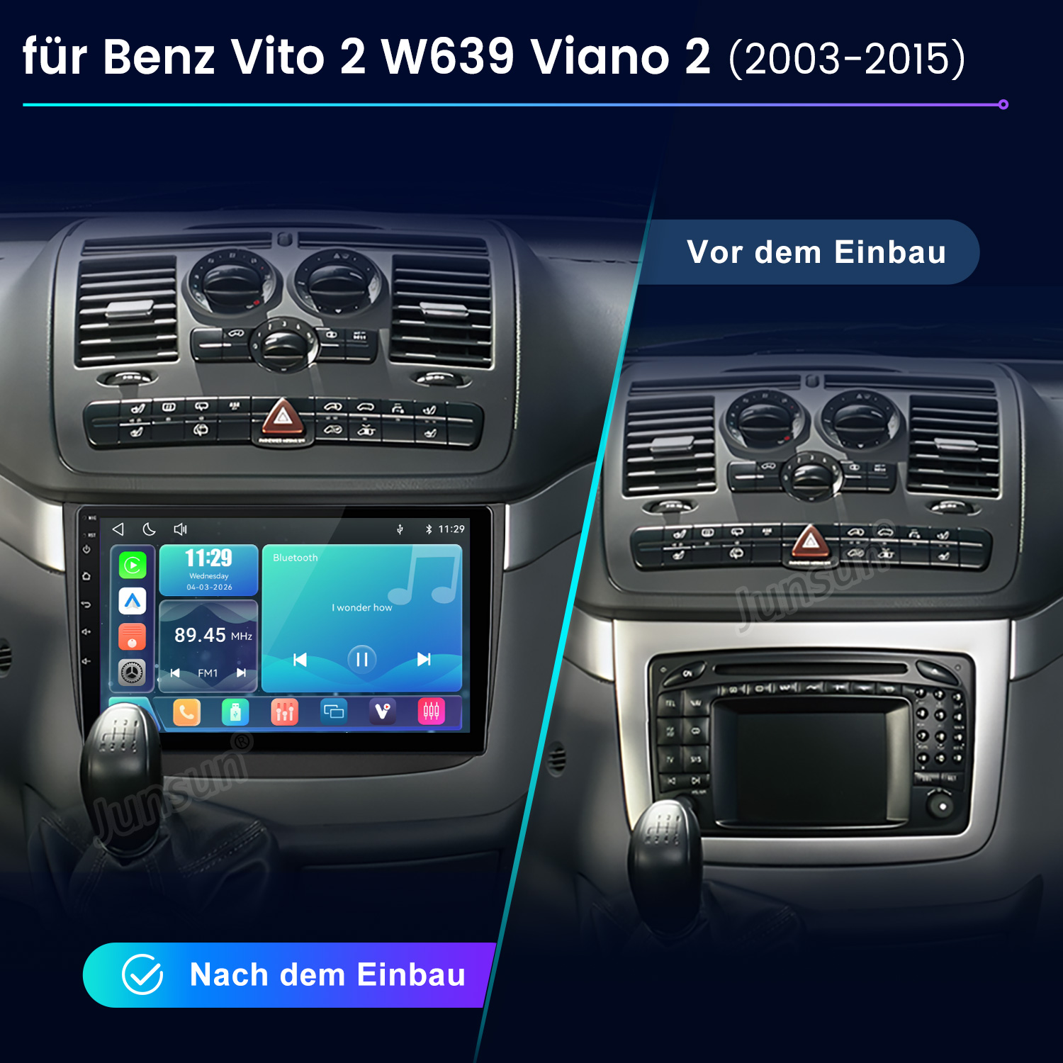 Vergleich zweier Armaturenbretter: Vor dem Einbau und Nach dem Einbau mit neuem Touch-Display in Benz Vito Viano.