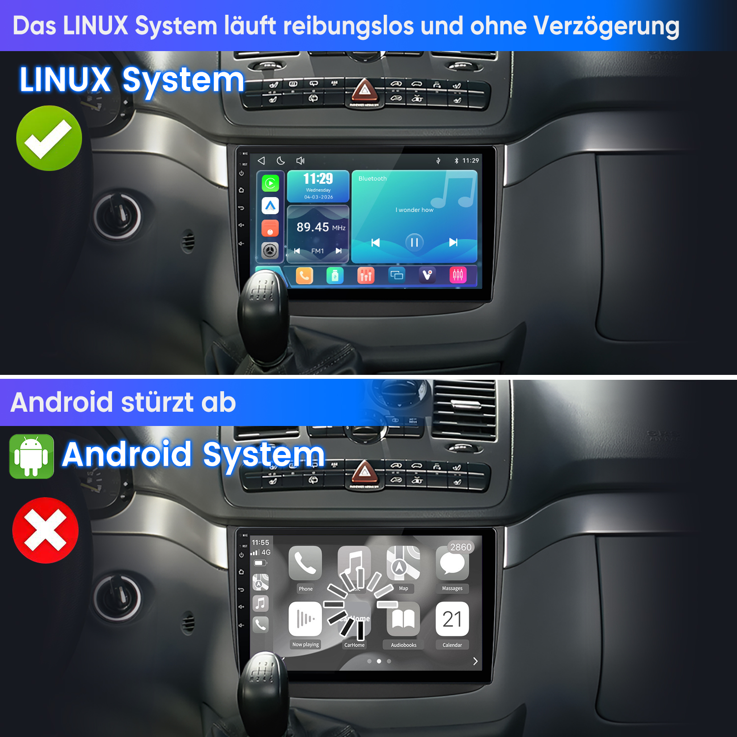 Vergleich zweier Autoradios: Ein Linux-System läuft reibungslos, während das Android-System abstürzt.