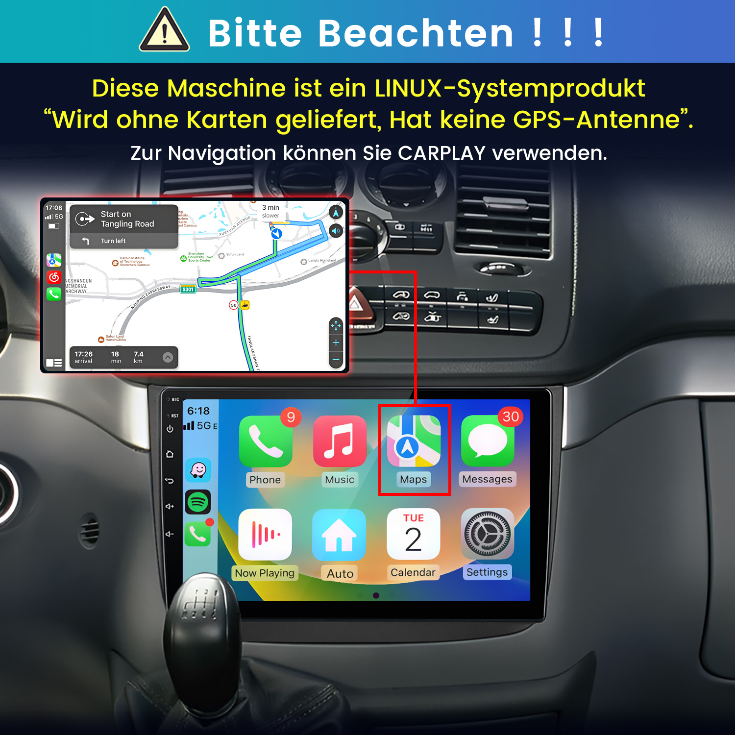 Linux-Autoradio mit CarPlay-Navigation, ohne Karten und GPS.
