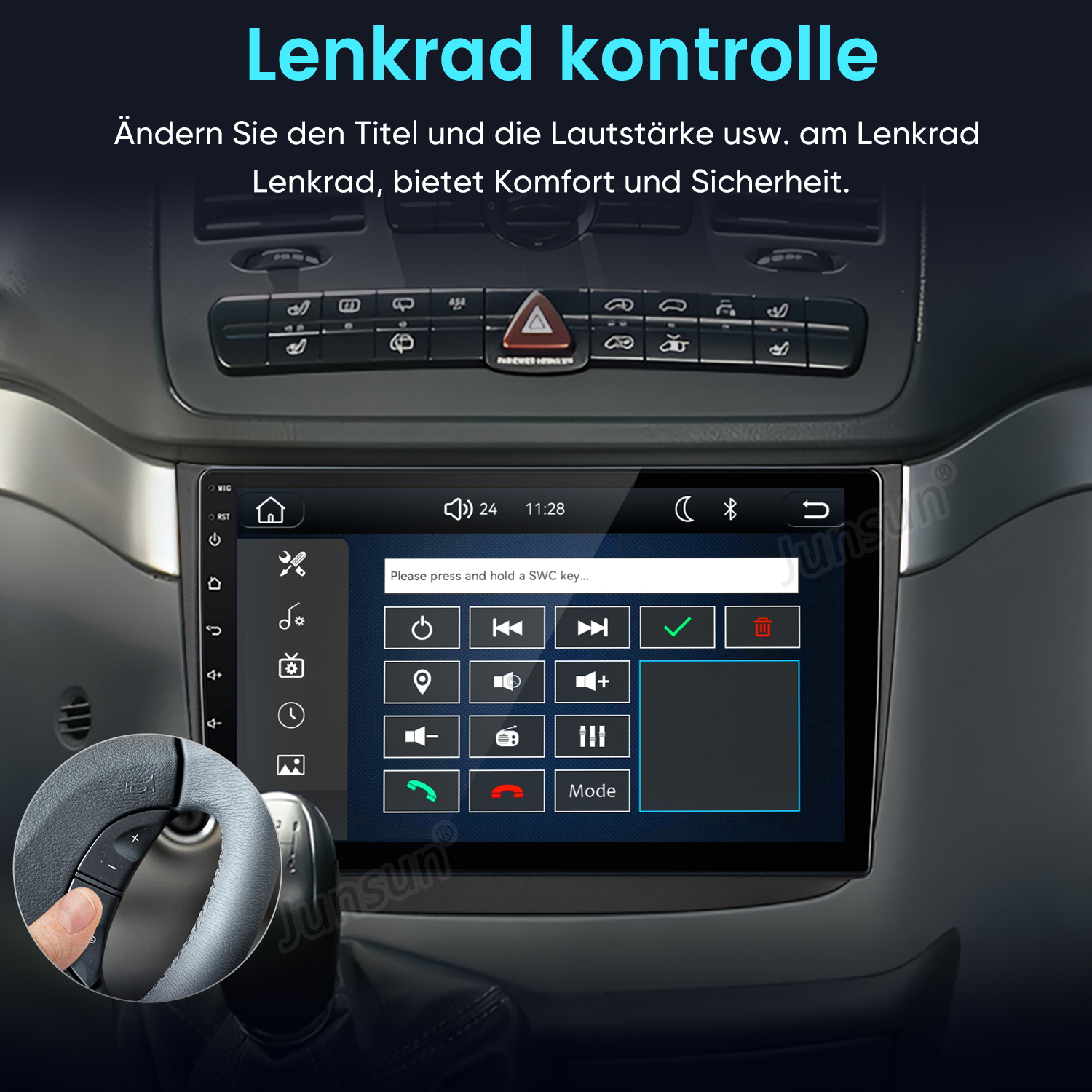 Ein Car-Display zeigt Lenkradsteuerungseinstellungen, während ein Daumen die echten Tasten am Lenkrad drückt.
