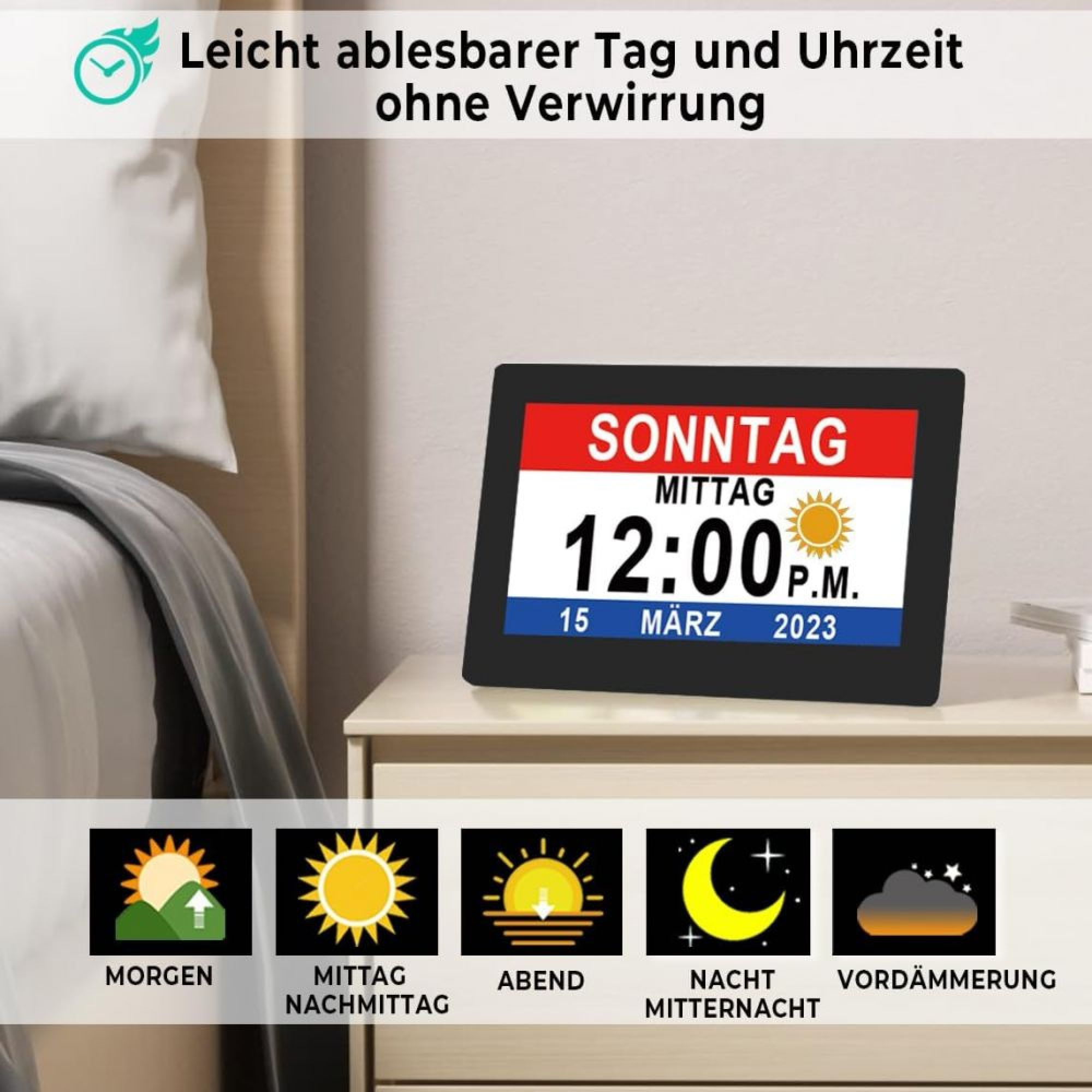 Eine digitale Kalenderuhr auf einem Nachttisch zeigt Sonntag, 15. März 2023, 12:00 Uhr mit Tageszeit-Symbolen.