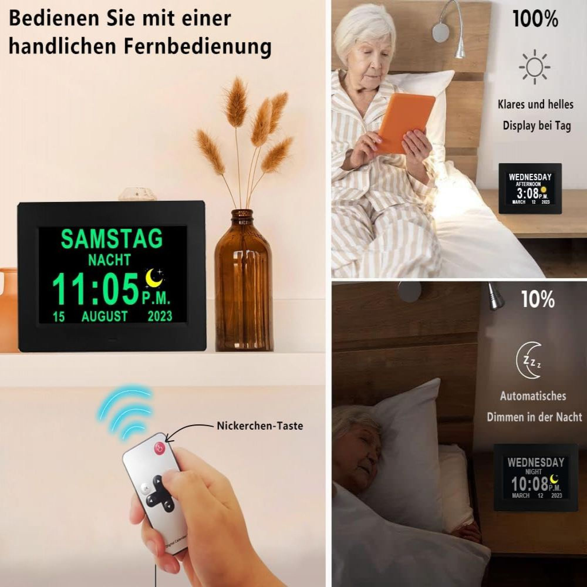 Digitale Uhr mit Fernbedienung und automatischer Dimmfunktion für Tag und Nacht.
