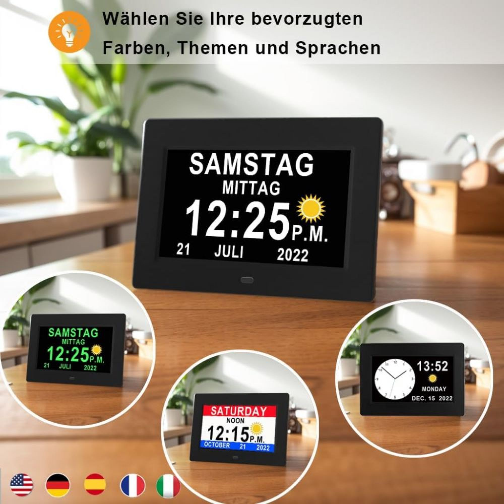 Eine schwarze Digitaluhr auf einem Holztisch zeigt Uhrzeit, Datum und Wetter, mit Vorschaubildern von Themenoptionen.
