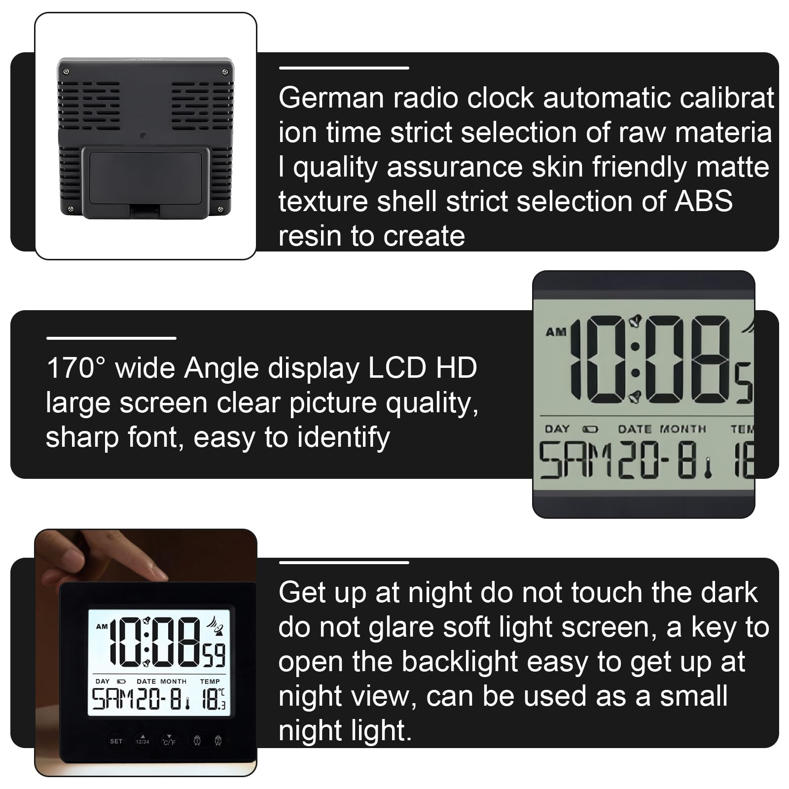 Digitale Wecker-Details mit LCD-Display, deutscher Funkuhr und Nachtlicht-Funktion.