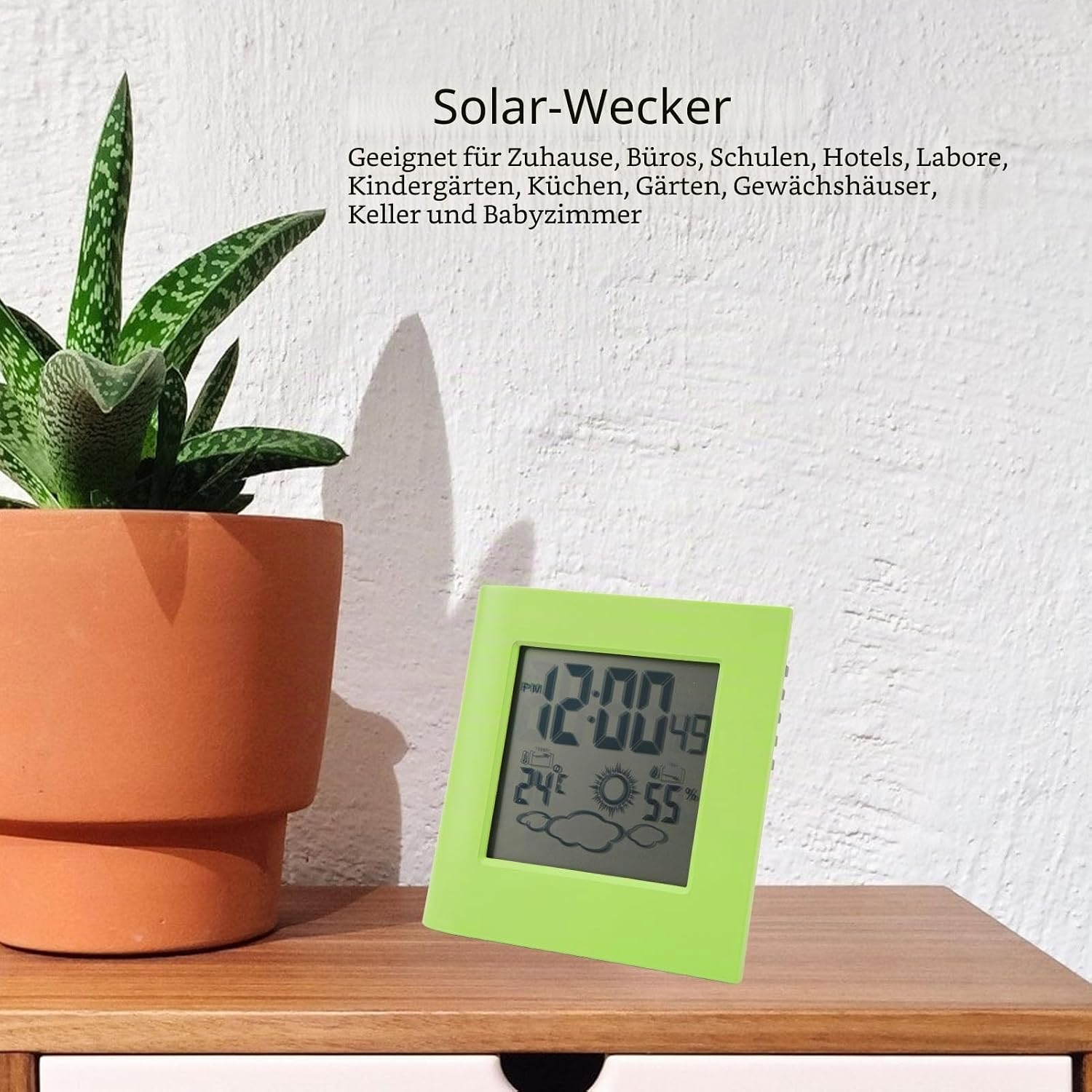 Ein grüner Solaruhrwecker steht neben einer Topfpflanze auf einem Holztisch vor weißer Wand.