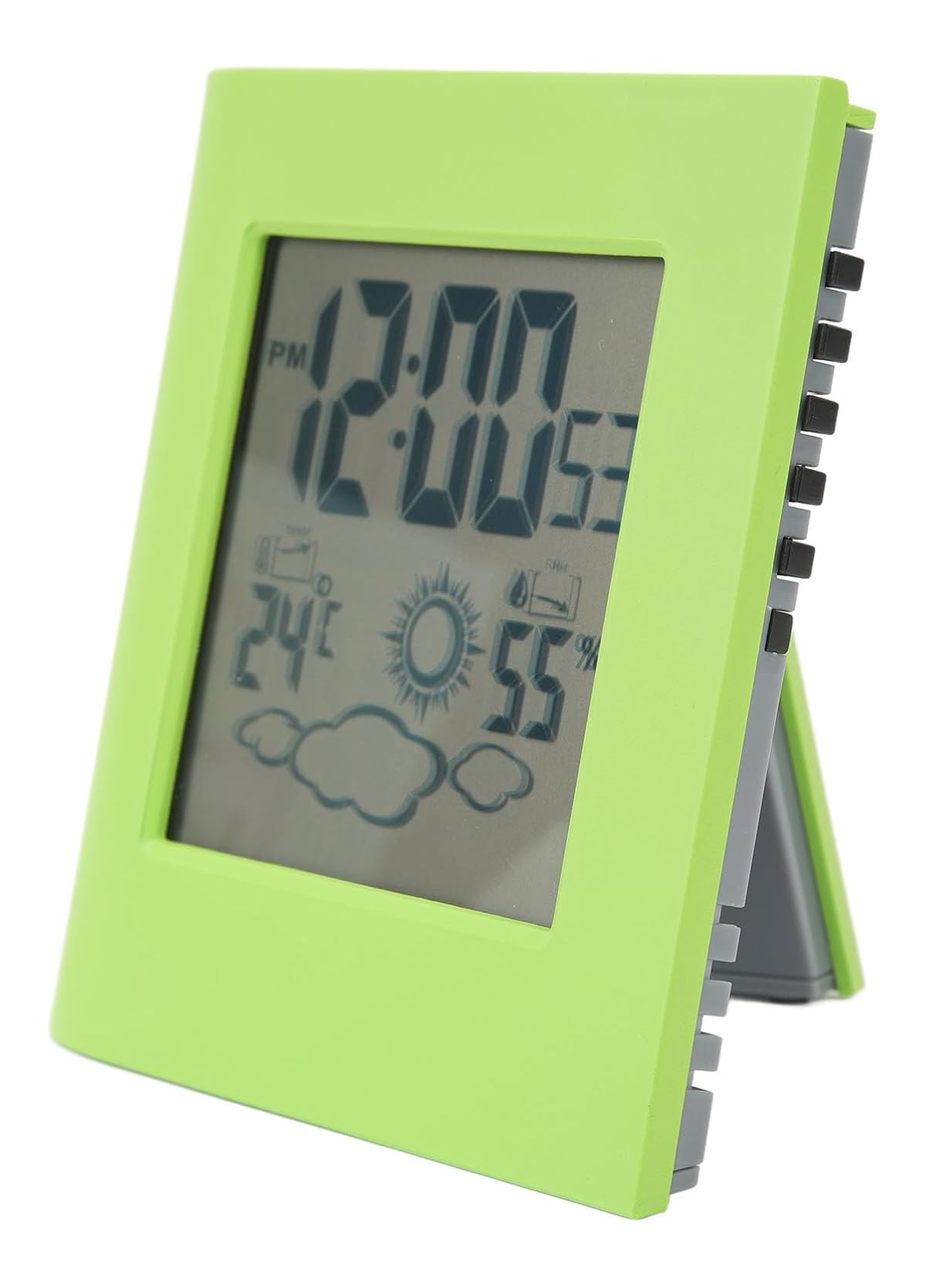 Grüner digitaler Wetterwecker mit LC-Display, zeigt 12:00 Uhr, Temperatur und Luftfeuchtigkeit an.