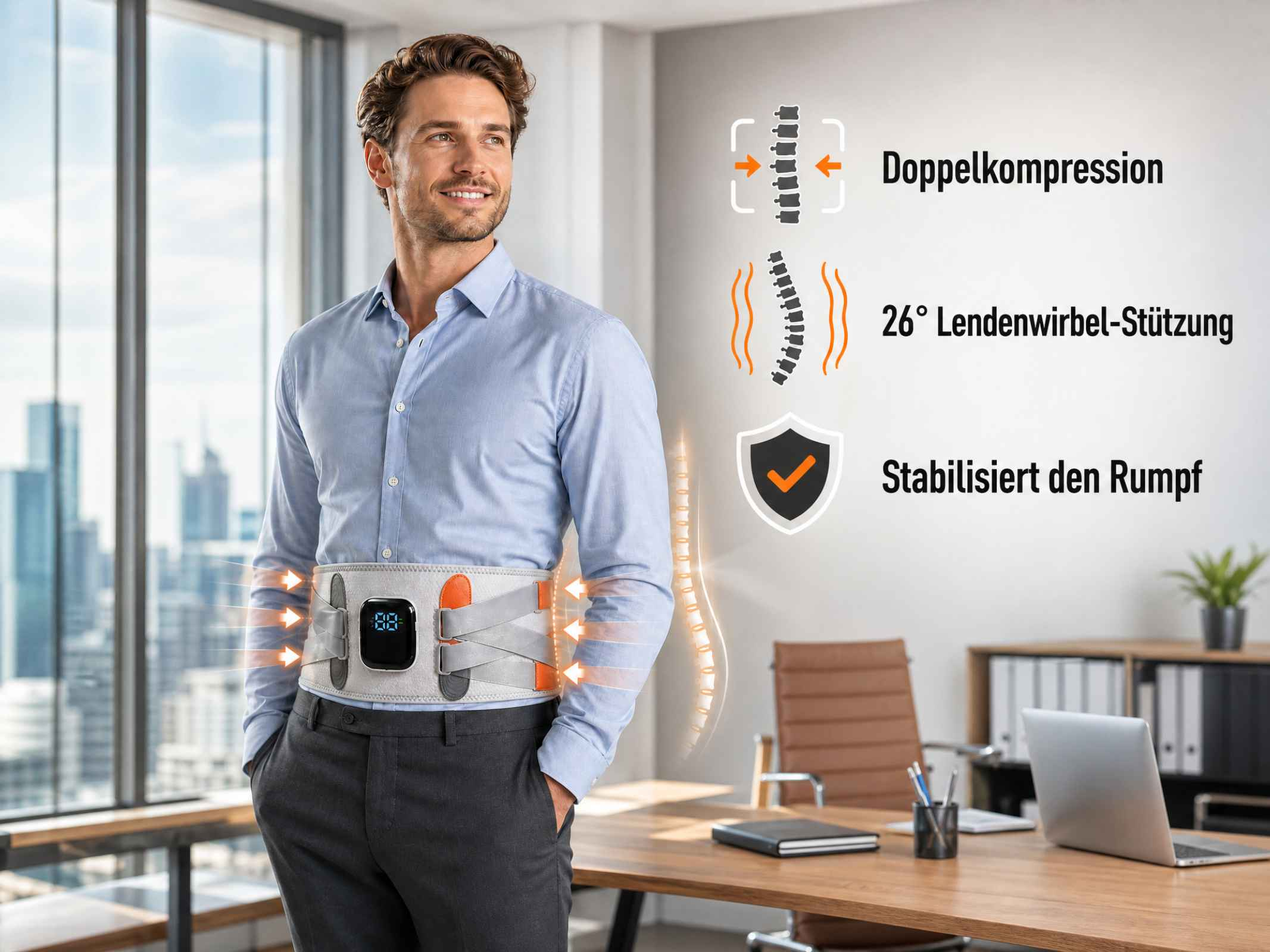 Ein Mann im Hemd trägt einen Rückenstützgürtel in einem Büro.