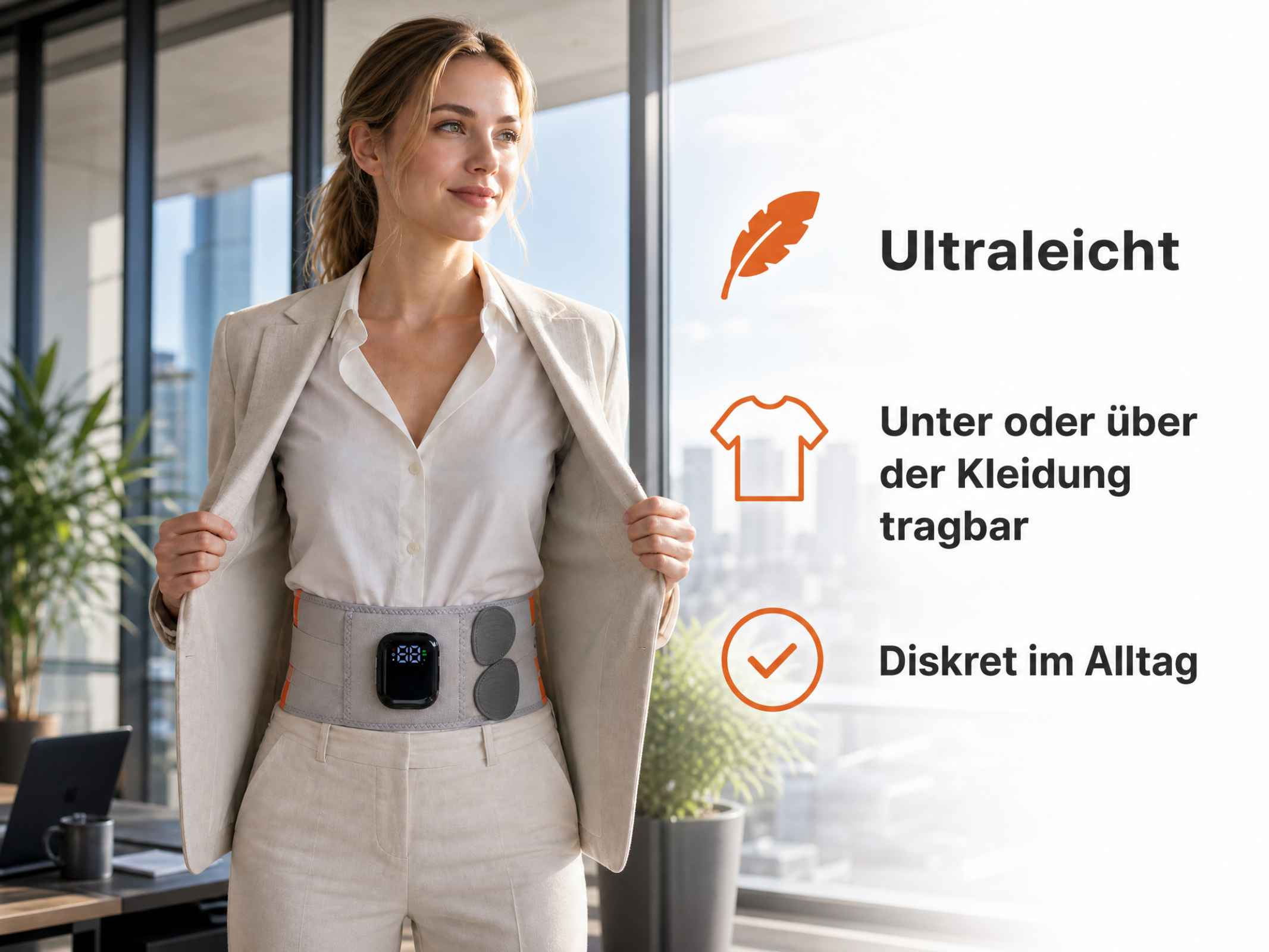 Eine Geschäftsfrau trägt einen leichten, diskreten Bauchgurt mit Display, tragbar unter oder über Kleidung.