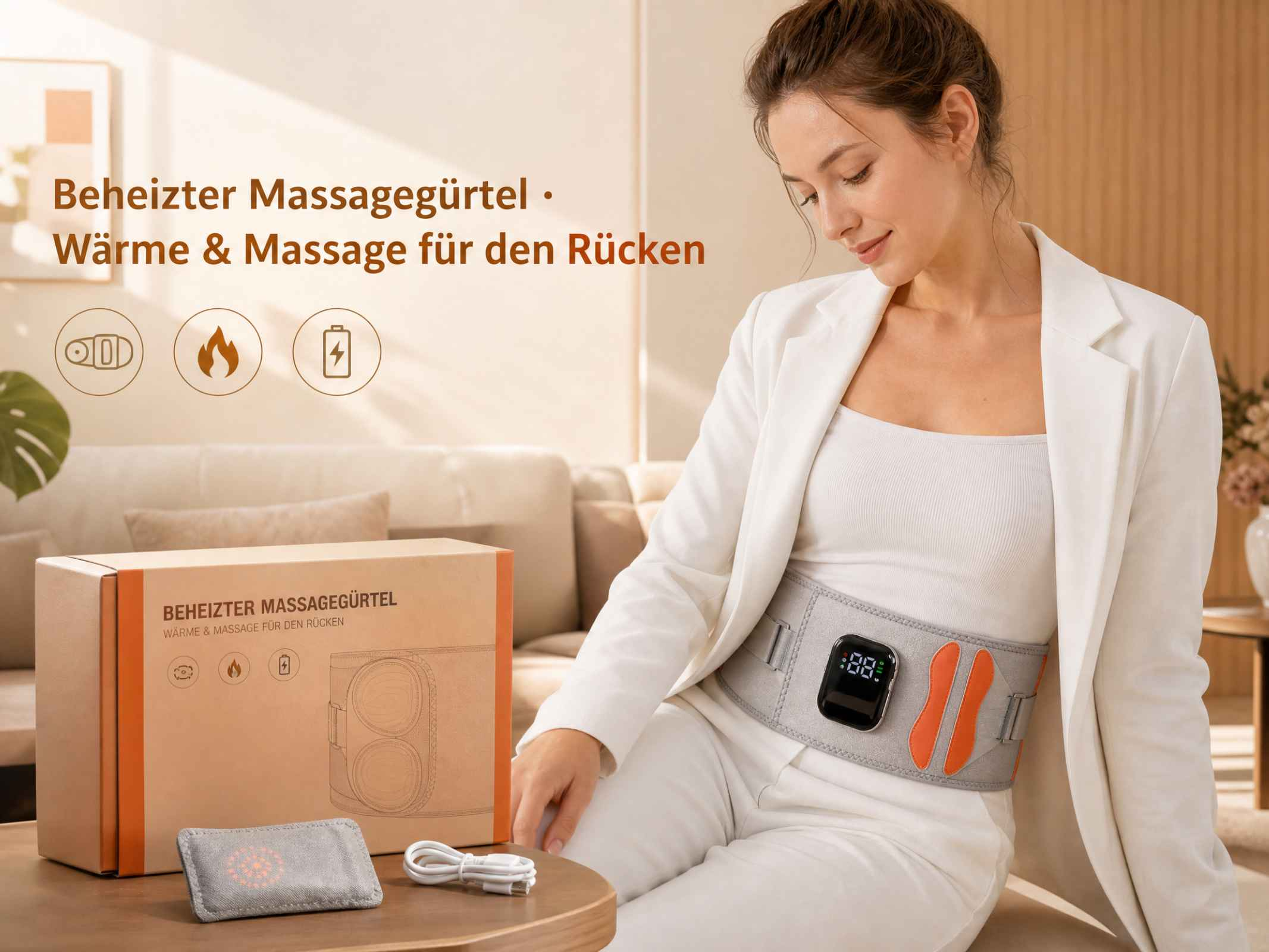 Eine Frau in weißer Kleidung sitzt und trägt einen beheizten Massagegürtel um die Taille, daneben eine Verpackung.