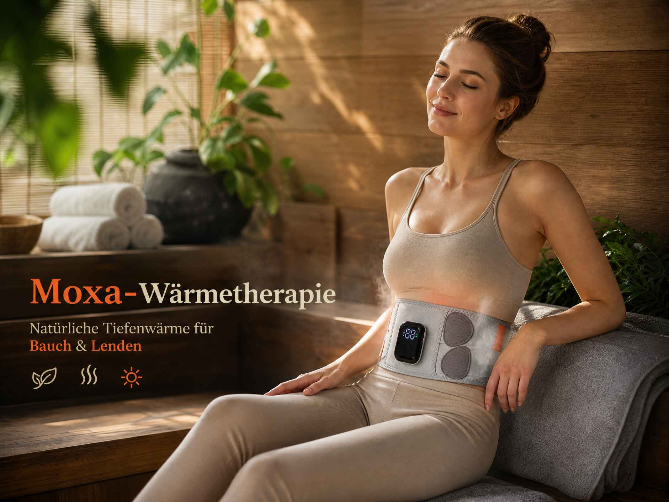 Eine lächelnde Frau trägt einen Wärmetherapiegürtel am Bauch in einer Spa-Umgebung.