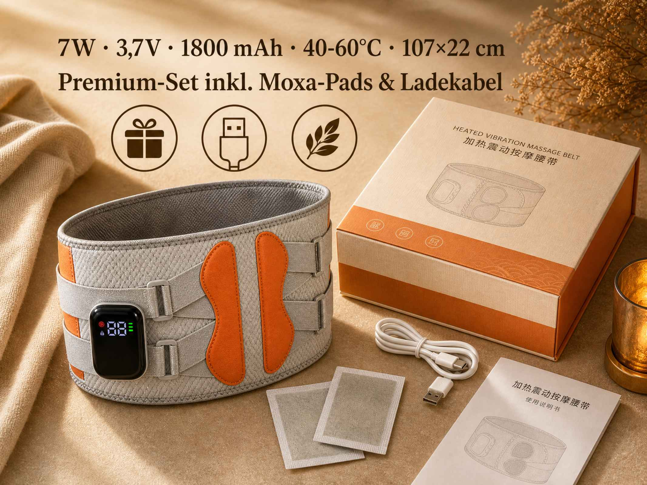 Beheizter Vibrationsmassagegürtel mit Zubehör, Verpackung und Handbuch auf hellem Untergrund.
