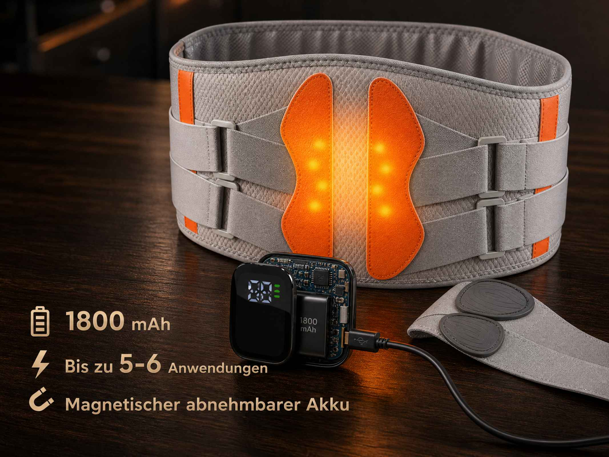 Grauer Rücken- und Bauchgurt mit orangen Einsätzen, leuchtenden LEDs und einem abnehmbaren Akku.