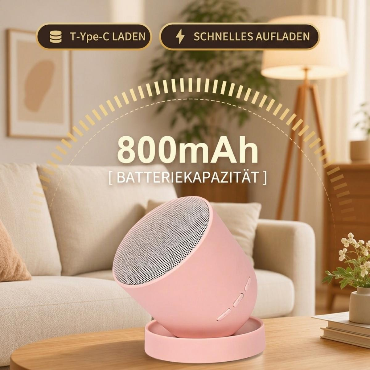 Rosa kabelloser Lautsprecher auf Holztisch in Wohnzimmer mit Text über Batteriekapazität.