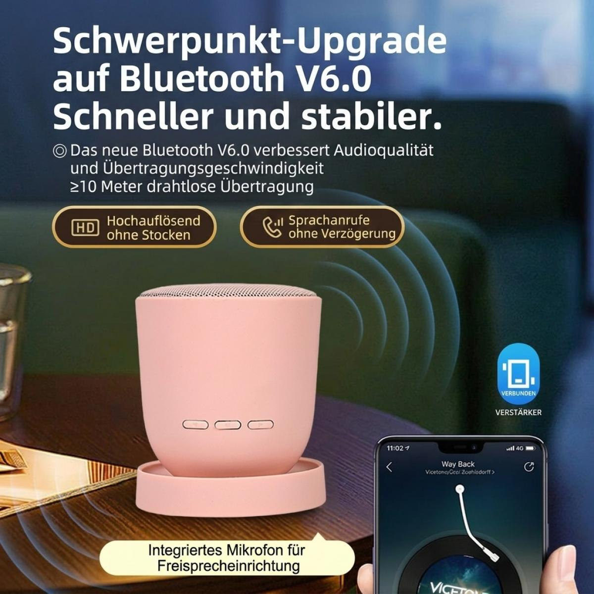 Rosa Bluetooth-Lautsprecher auf Holztisch mit Germanischem Text über Bluetooth V6.0.