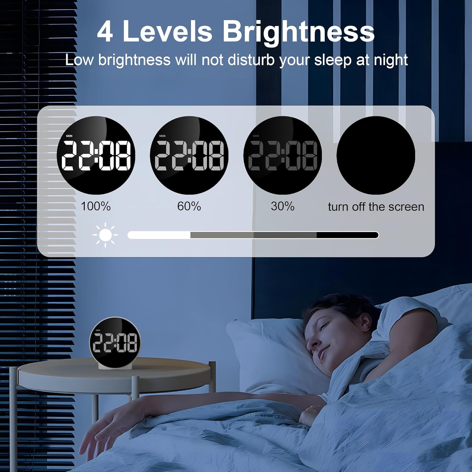Eine Digitaluhr zeigt 4 Helligkeitsstufen über einer schlafenden Person im Bett.