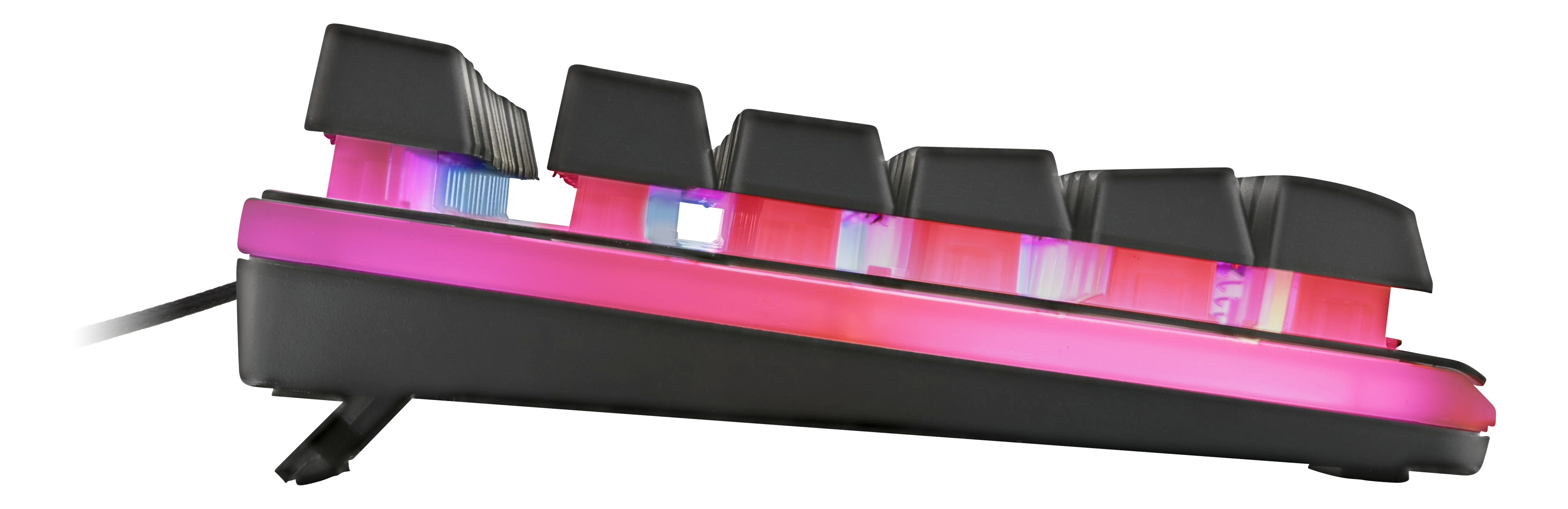 Seitenansicht einer schwarzen Tastatur mit rosa LED-Hintergrundbeleuchtung und Kabel.