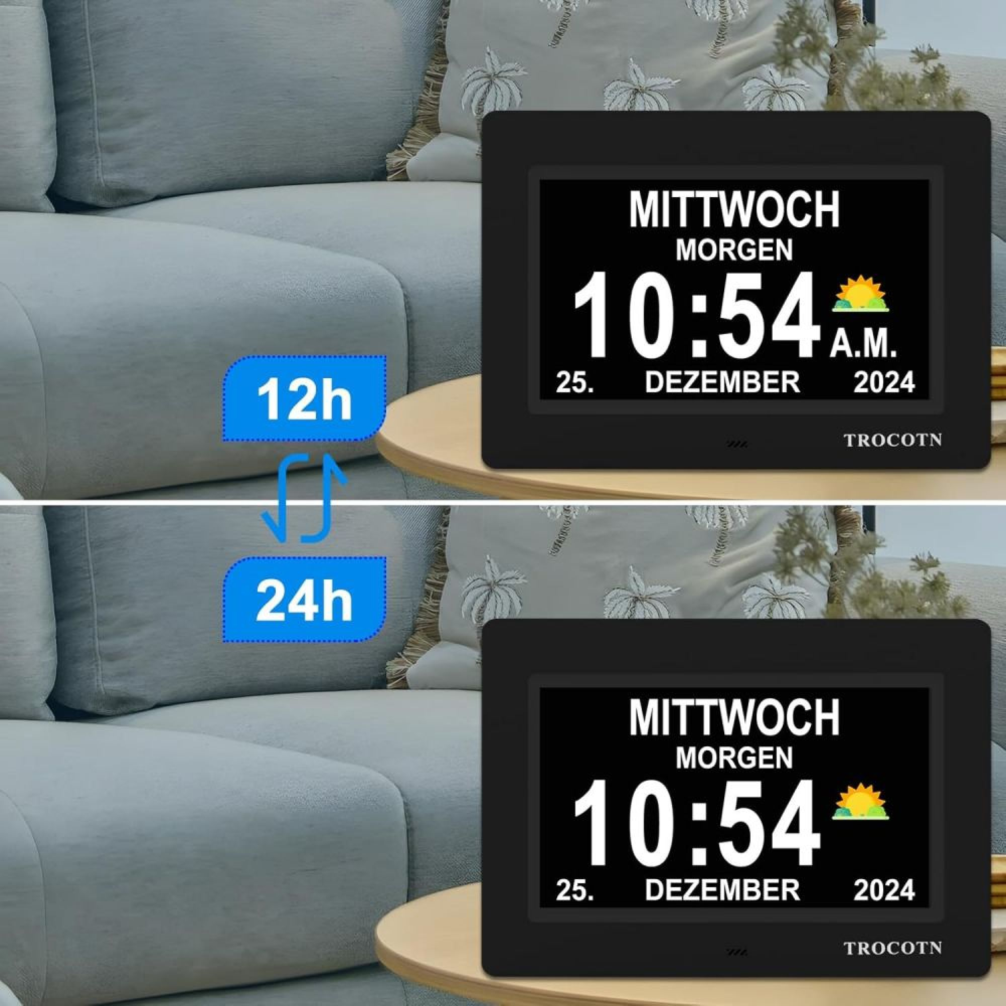 Digitale Uhr mit Datum und Wochentag, Wechsel zwischen 12h und 24h Modus.