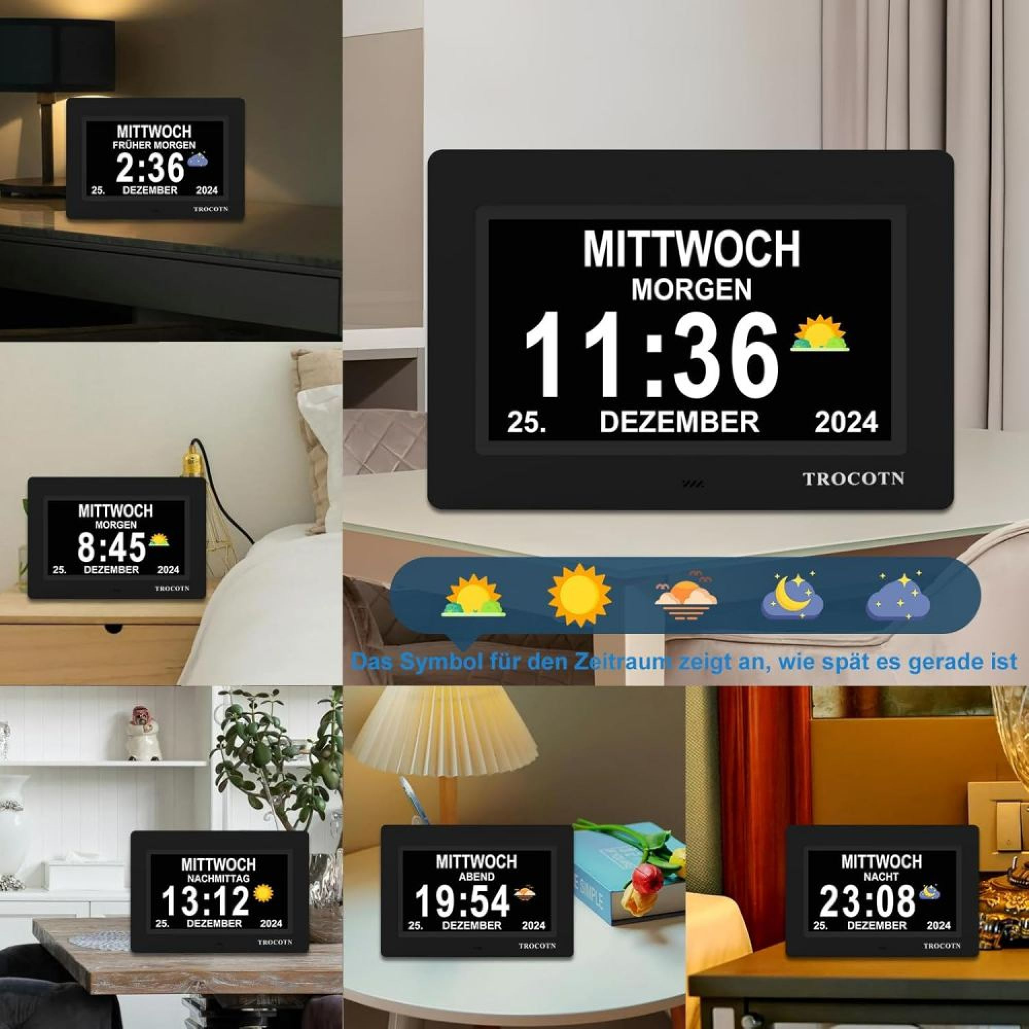 Eine digitale Kalenderuhr auf Deutsch zeigt Datum, Uhrzeit und Wettersymbole in verschiedenen Räumen.