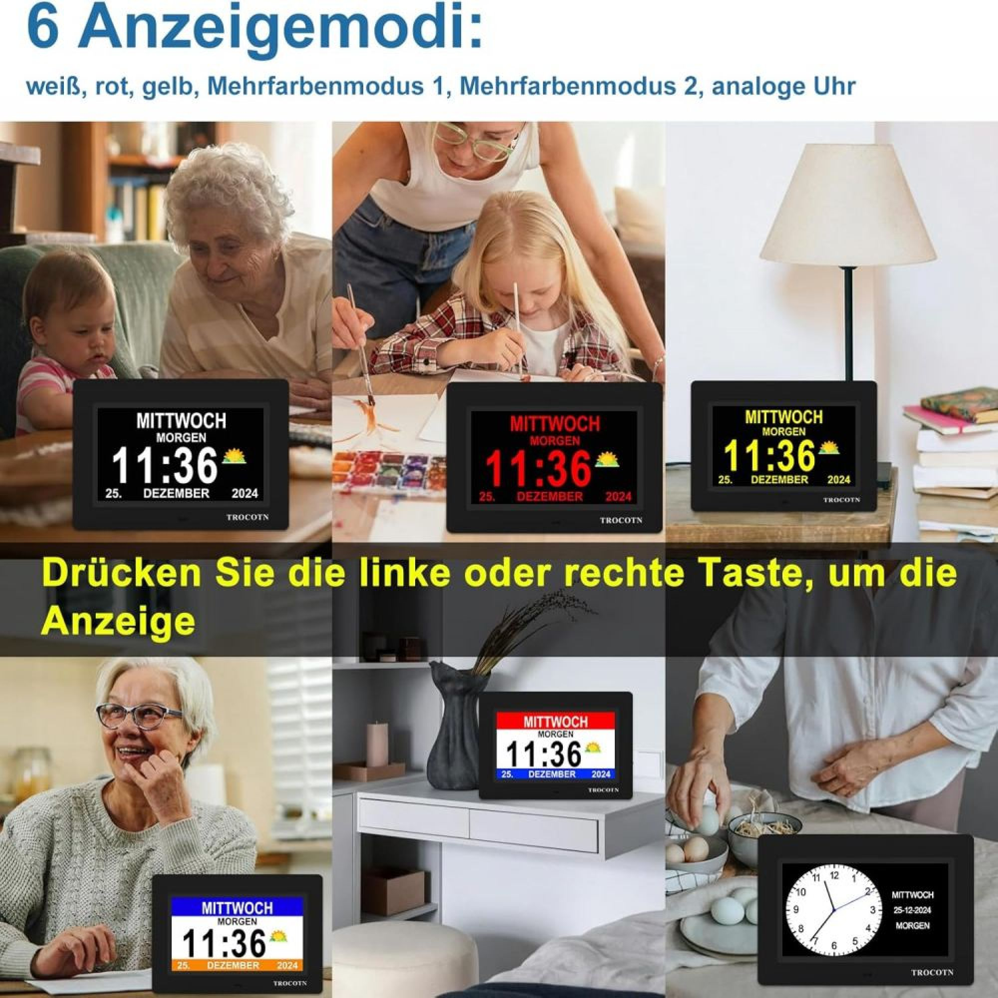 Sechs Bilder zeigen digitale Uhren mit verschiedenen Anzeigemodi in unterschiedlichen Umgebungen.