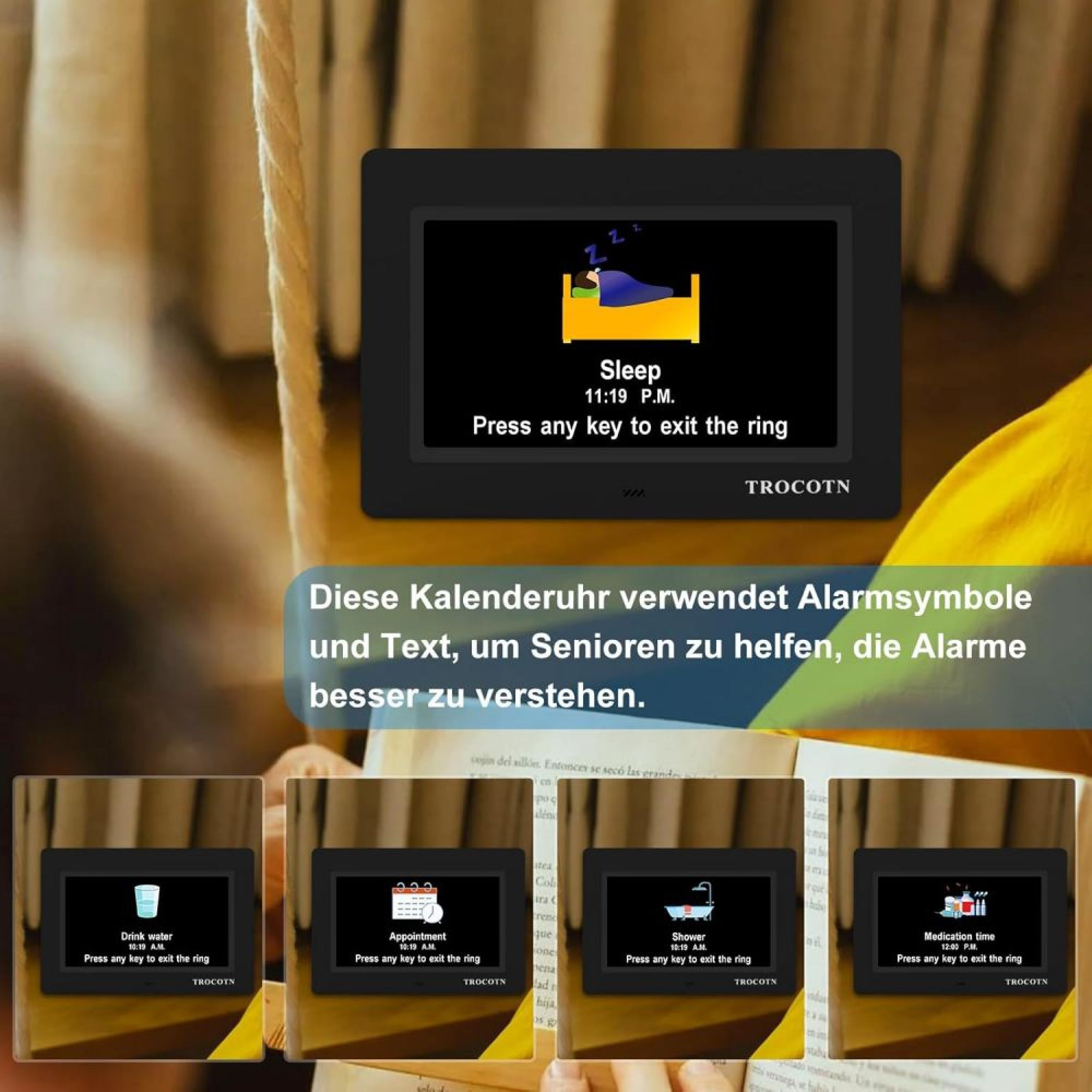 Eine digitale Kalenderuhr mit Symbolen und Text für Senioren zeigt Alarme wie Schlaf, Wasser und Medikamente.