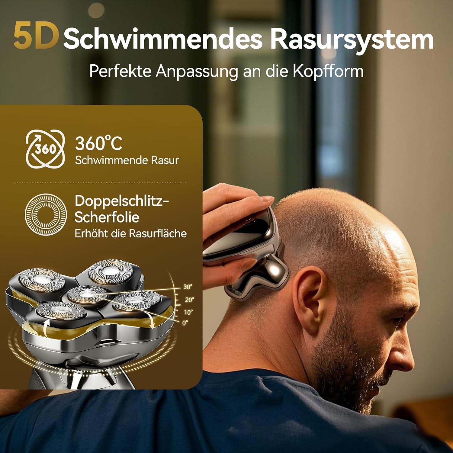 Ein Mann rasiert sich den Kopf mit einem flexiblen elektrischen 5D-Rasierer mit mehreren Scherköpfen.
