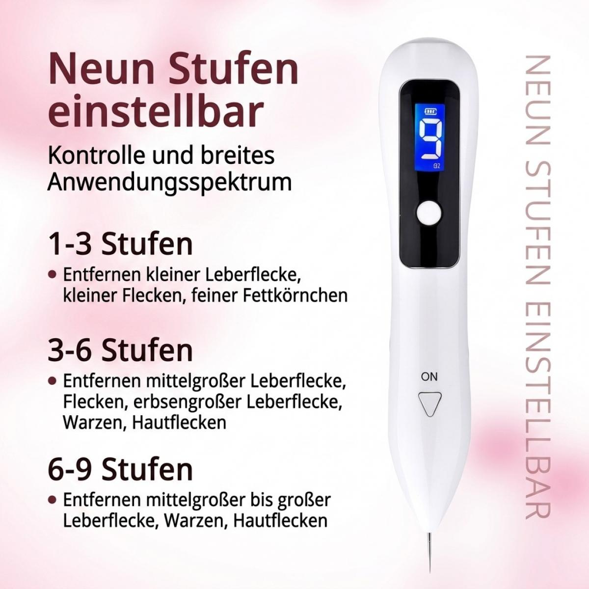 Ein weißer Hautmarkierungsentfernungsstift mit digitaler Anzeige und deutschem Text zu neun Stufen.