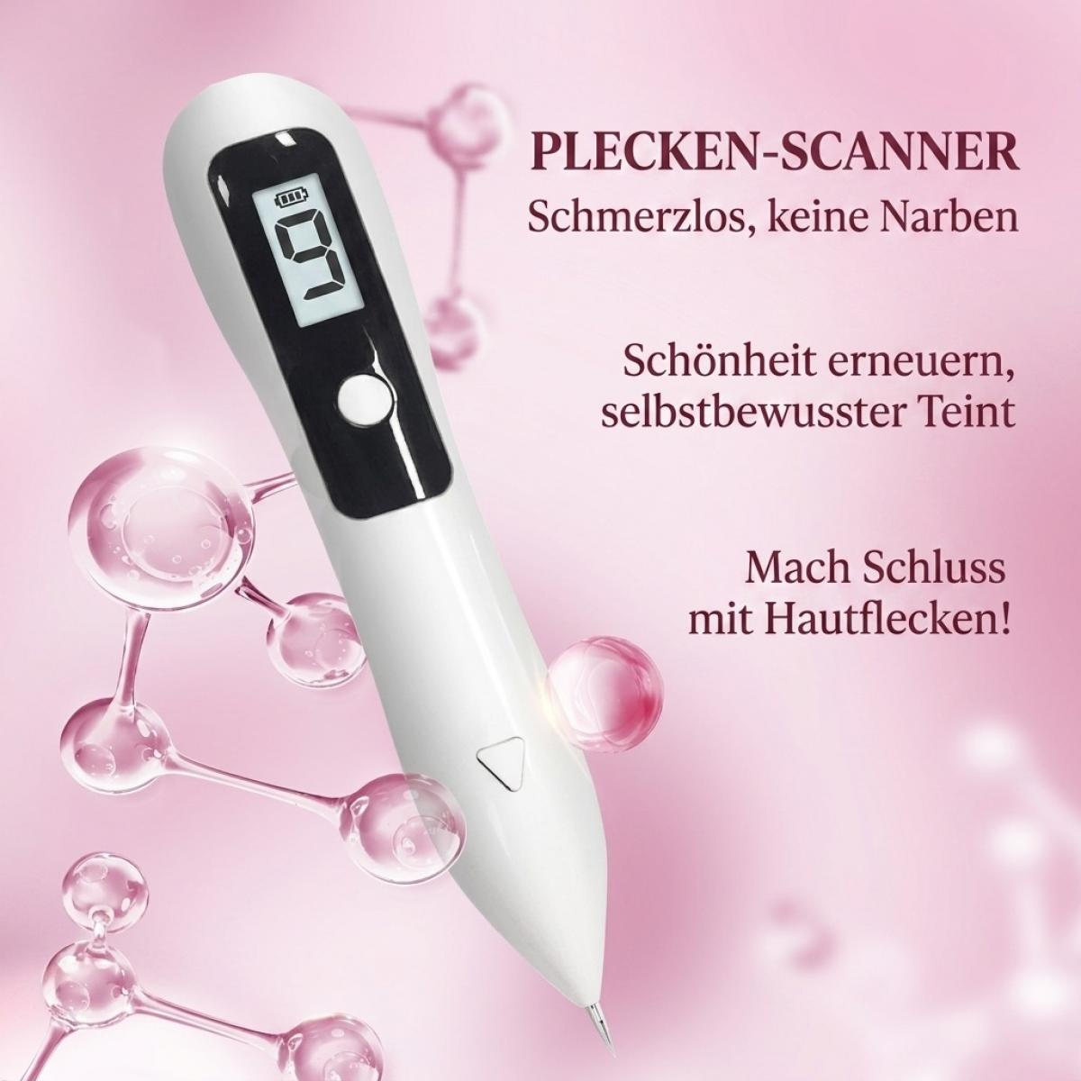 Ein weißer Flecken-Scanner mit Digitaldisplay vor rosa Hintergrund mit Molekülstrukturen und deutschem Werbetext.
