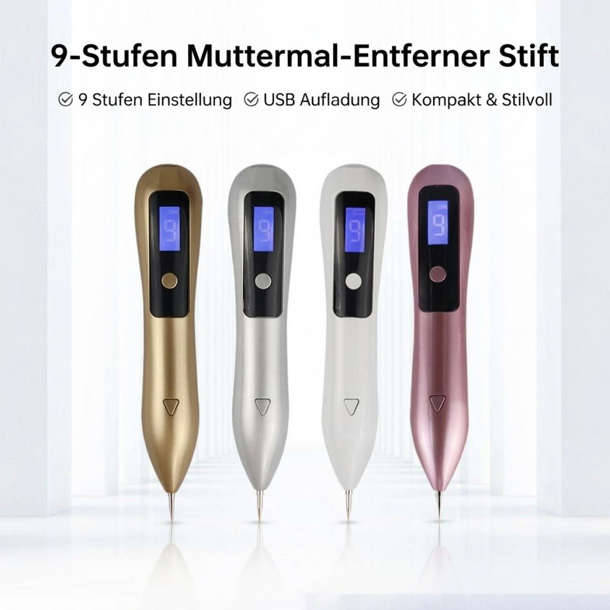 Vier farbige Hautfleck-Entferner Stifte mit digitaler Anzeige in einer Reihe.